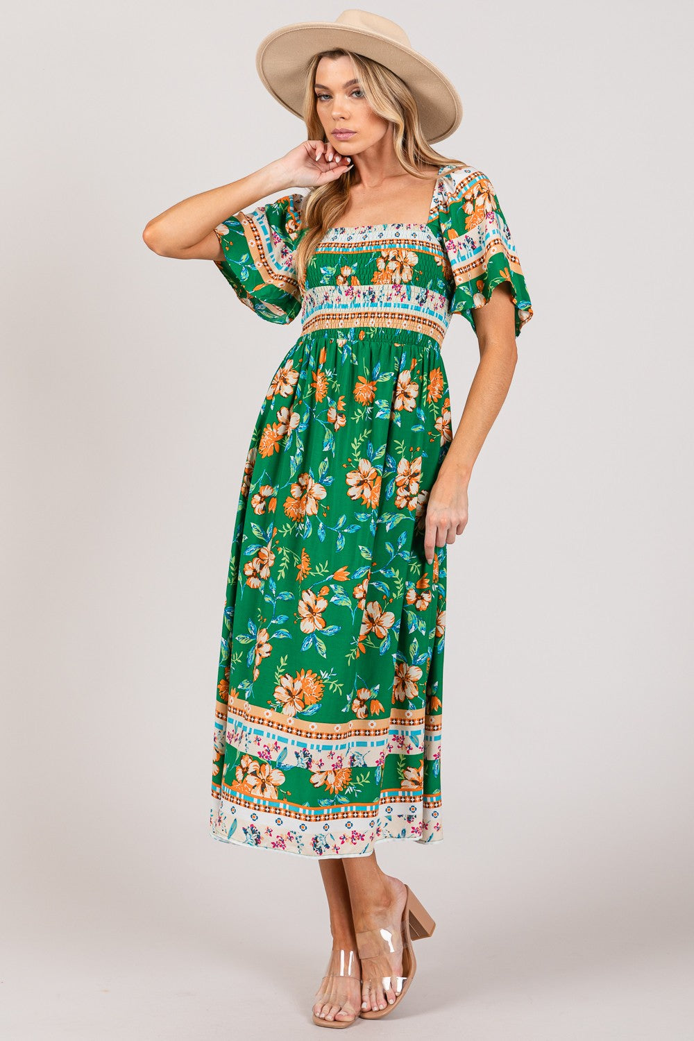 SPR090GN Printed Smocked Short Sleeve Midi Dress