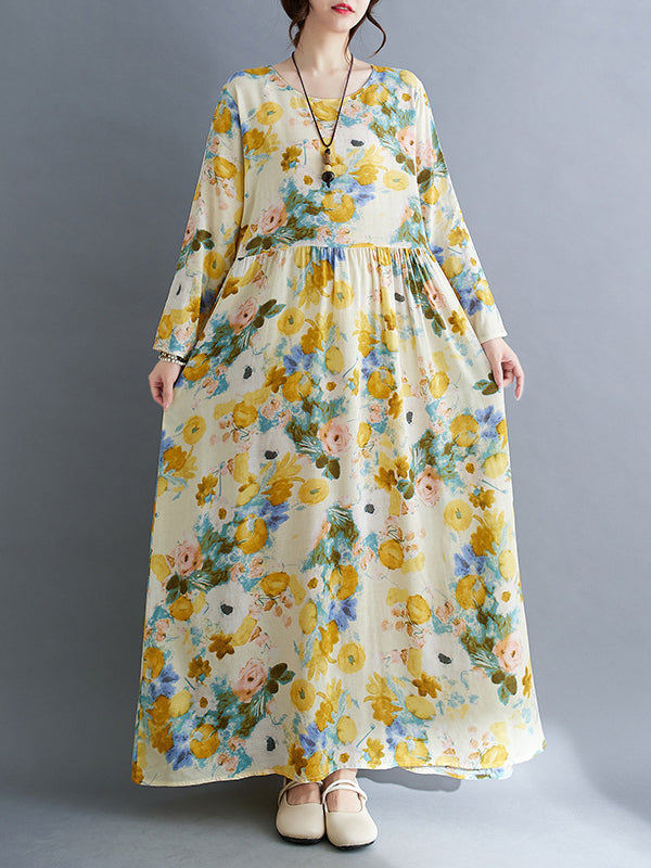 Long Sleeves Loose Flower Print Split-Joint Round-Neck Midi Dresses