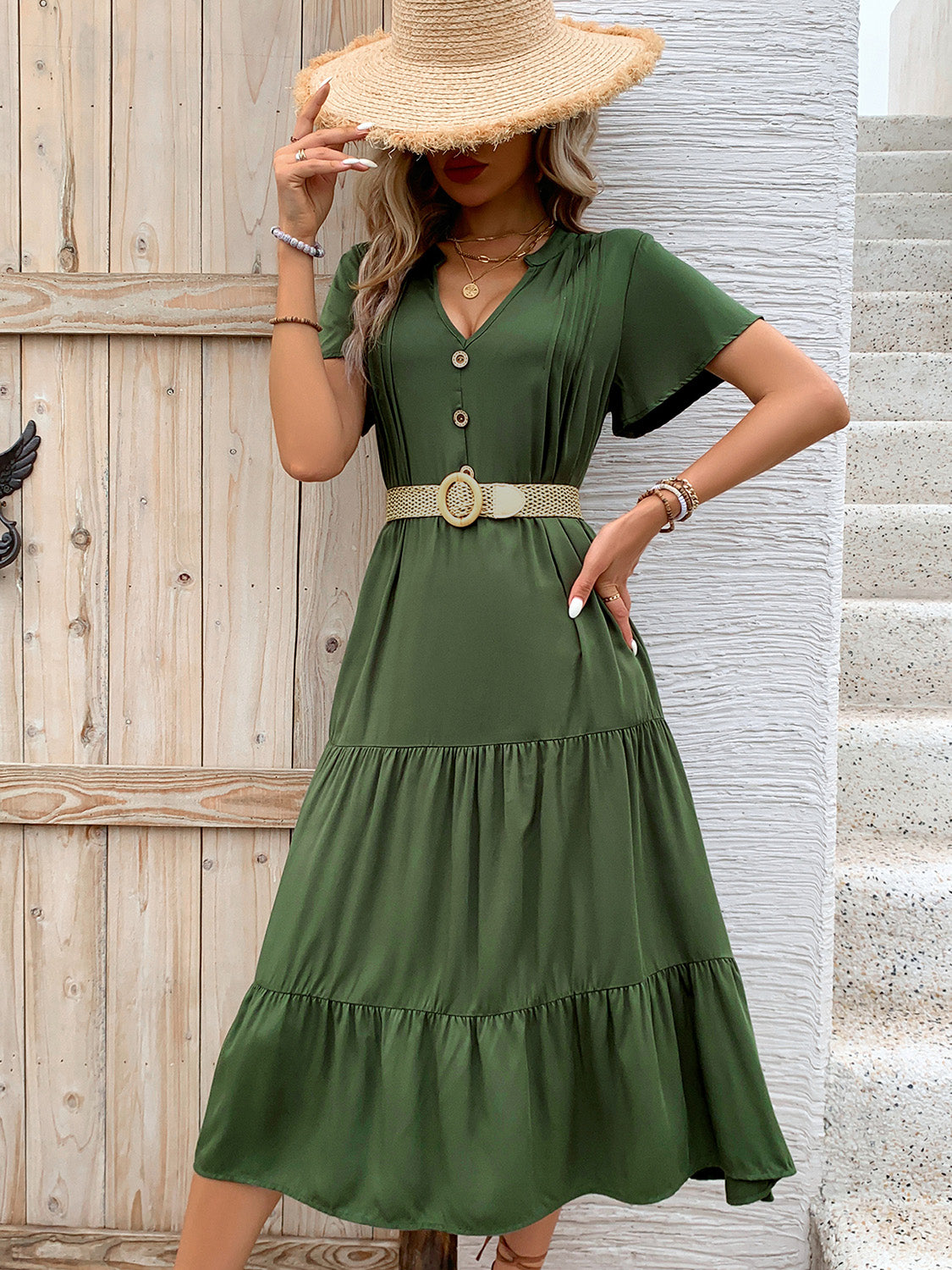 ABC16 Tiered Notched Short Sleeve Midi Dress