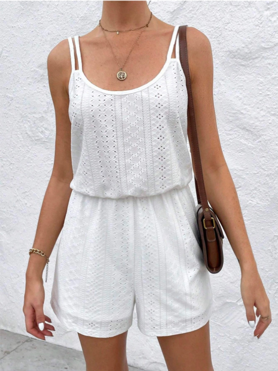 ABC01 Eyelet Scoop Neck Double Spaghetti Straps Romper