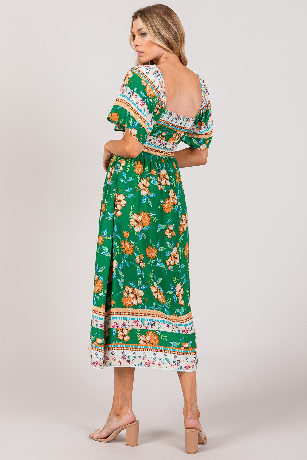 SPR090GN Printed Smocked Short Sleeve Midi Dress