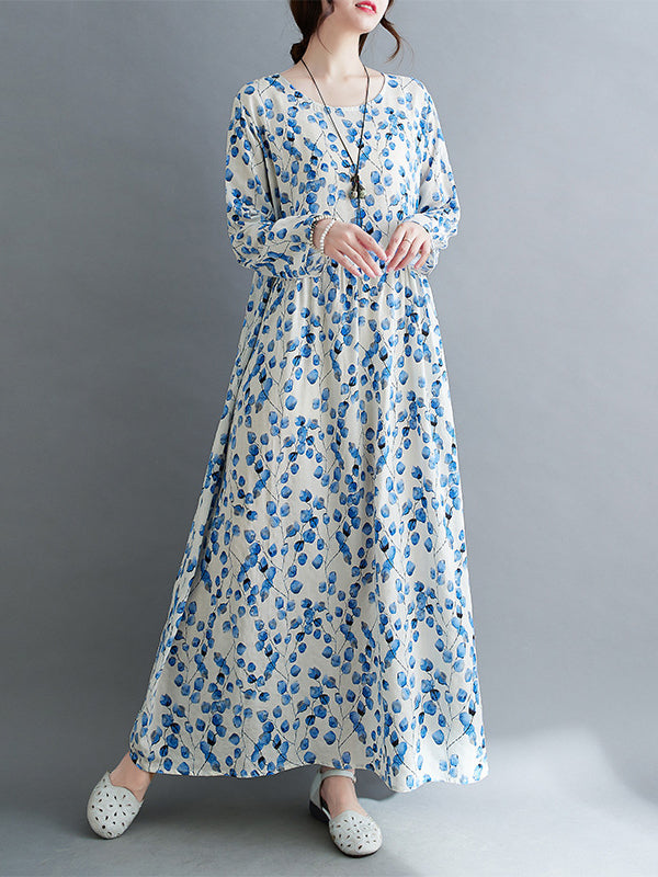 Long Sleeves Loose Flower Print Split-Joint Round-Neck Midi Dresses