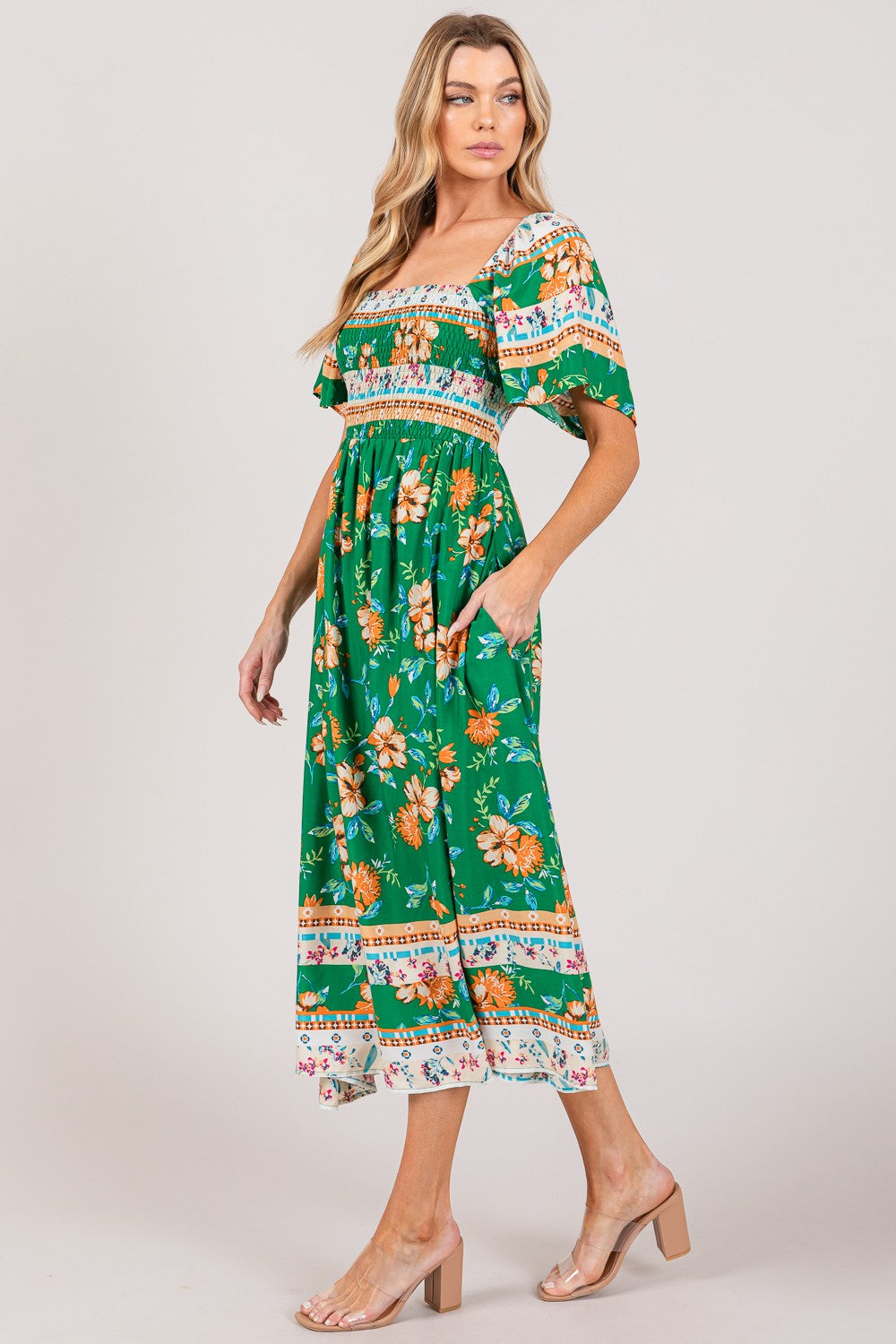 SPR090GN Printed Smocked Short Sleeve Midi Dress