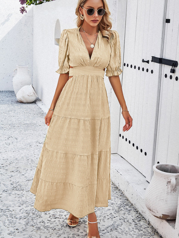 Maxi Dress V-neck backless Cutout Tie-Waist Midi Dresses New Womens Fashion